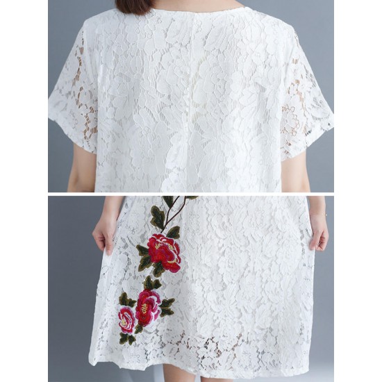 Cotton Lace Floral Embroidery Hollout Out Dress