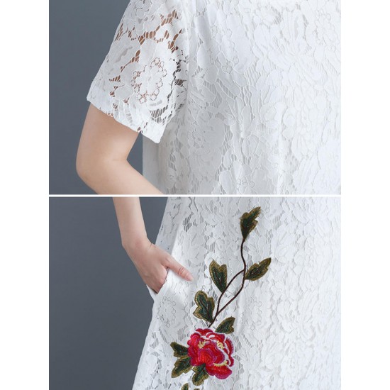 Cotton Lace Floral Embroidery Hollout Out Dress