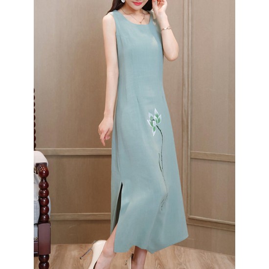 Linen Cotton O-neck Sleeveless Maxi Slit Dress