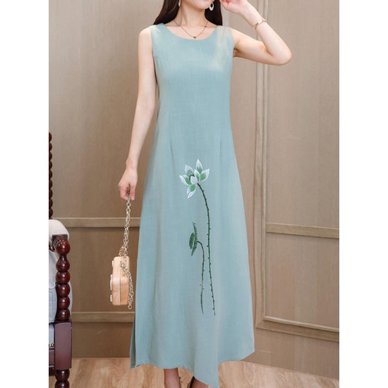 Linen Cotton O-neck Sleeveless Maxi Slit Dress