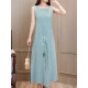 Linen Cotton O-neck Sleeveless Maxi Slit Dress