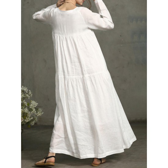 Lrecord Vintage Crew Neck Long Sleeve Pleated Maxi Cotton Dress