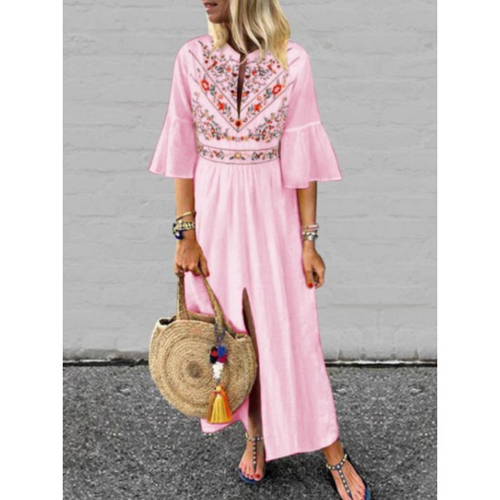 M-5XL Boho Floral Print Flare Sleeve Split Hem Dress