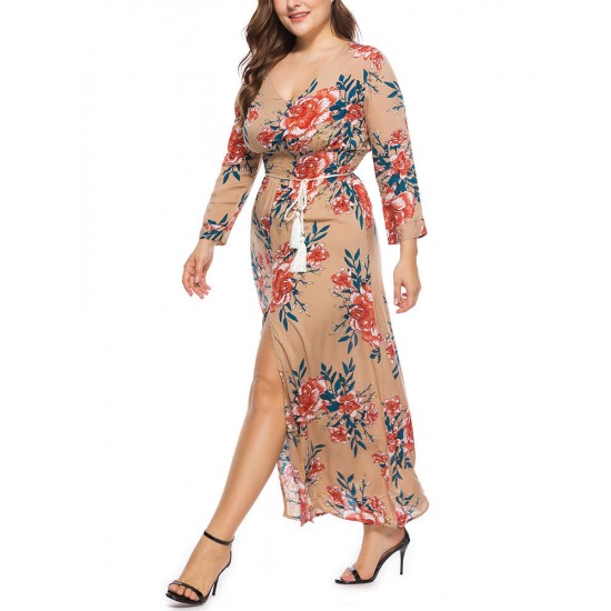 Plus Size Bohemian Floral Print Long Sleeve Maxi Dress