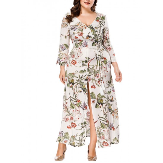 Plus Size Bohemian Floral Print Long Sleeve Maxi Dress