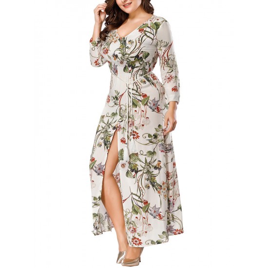 Plus Size Bohemian Floral Print Long Sleeve Maxi Dress