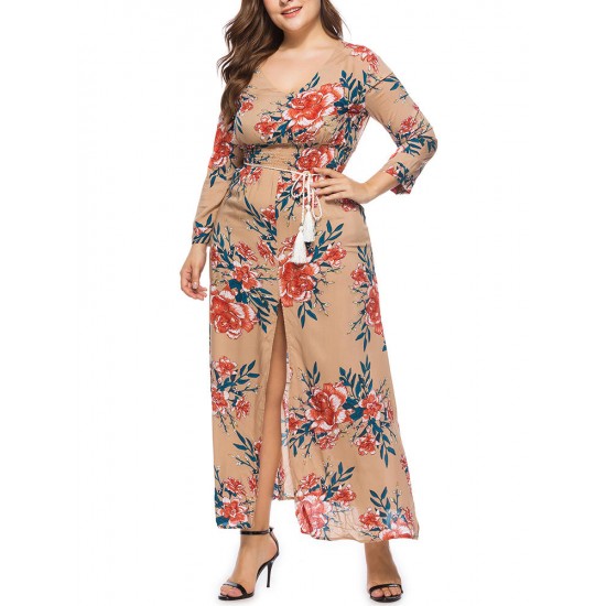 Plus Size Bohemian Floral Print Long Sleeve Maxi Dress