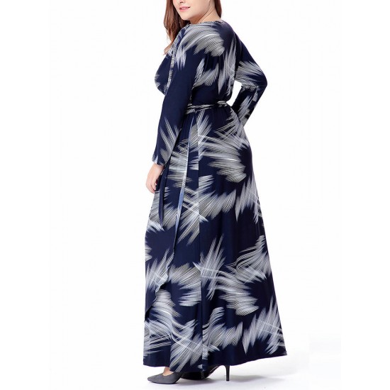 Plus Size Bohemian Printed V-neck Long Sleeve Maxi Dress