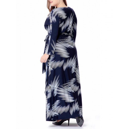 Plus Size Bohemian Printed V-neck Long Sleeve Maxi Dress