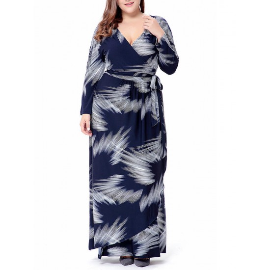 Plus Size Bohemian Printed V-neck Long Sleeve Maxi Dress