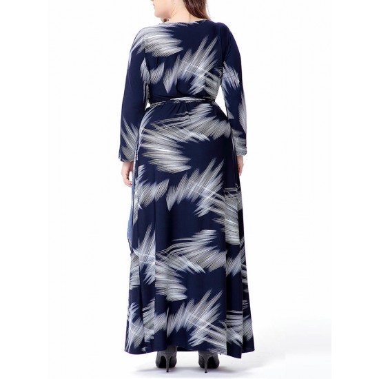 Plus Size Bohemian Printed V-neck Long Sleeve Maxi Dress