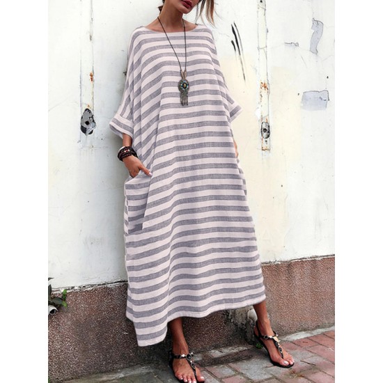 Plus Size Casual Crew Neck Batwing Sleeve Stripe Loose Dress