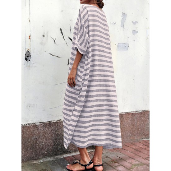 Plus Size Casual Crew Neck Batwing Sleeve Stripe Loose Dress