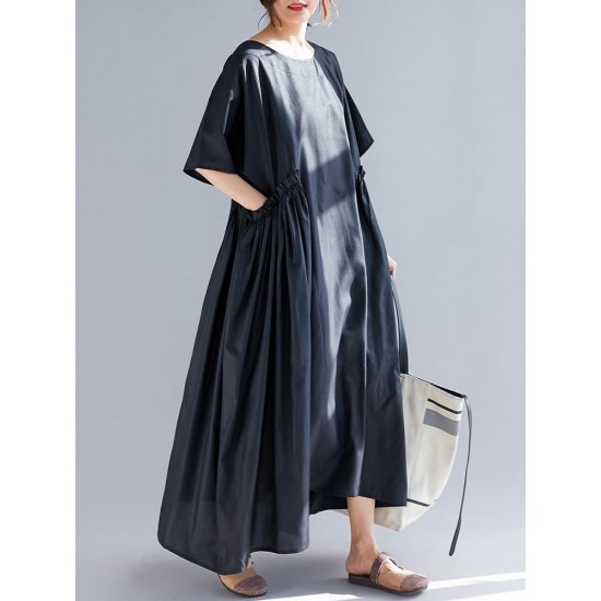 Plus Size Casual Half Sleeve Pleated Maxi Dress