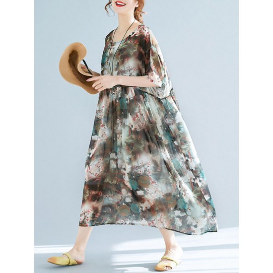 Plus Size Floral Print Batwing Sleeve Chiffon Dress