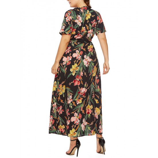 Plus Size Floral Print V-neck Bohemian Women Long Dress