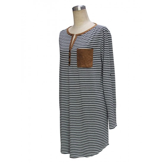 Plus Size Stripe Belt V-Neck Long Sleeve Dress