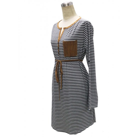 Plus Size Stripe Belt V-Neck Long Sleeve Dress