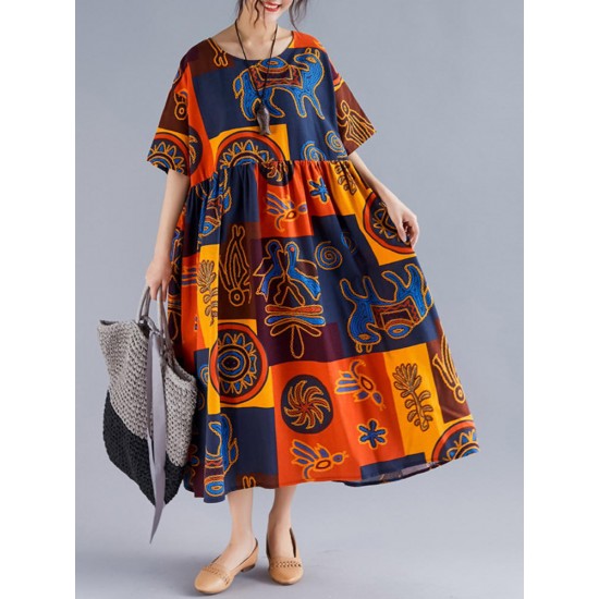 Vintage Printed Short Sleeve Pleated Patchwork Maxi Dress