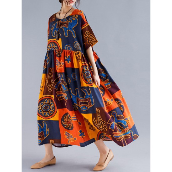 Vintage Printed Short Sleeve Pleated Patchwork Maxi Dress