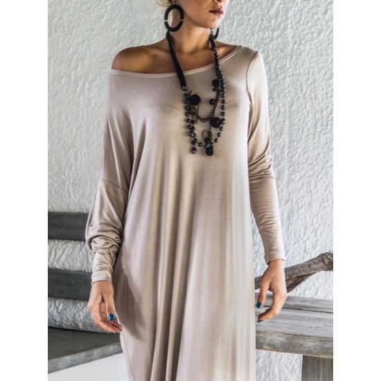 Women Elegant Off-shoulder Solid Color Long Sleeve Maxi Dress