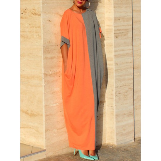 Women Two-tone Patchwork Half Sleeve Kaftan Maxi Dress