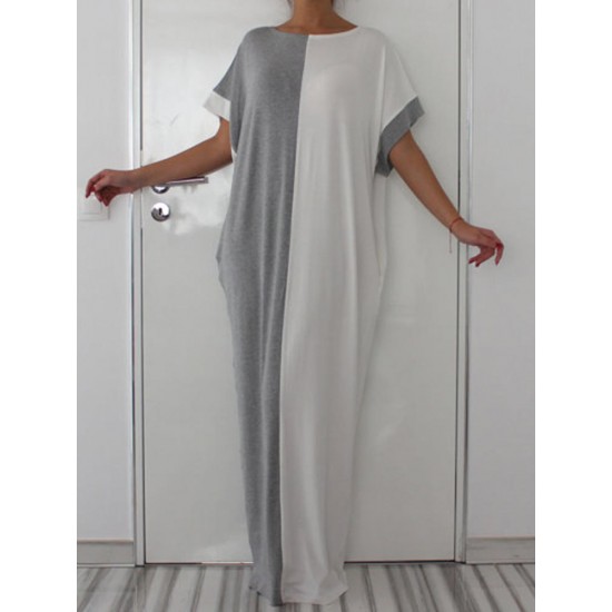 Women Two-tone Patchwork Half Sleeve Kaftan Maxi Dress