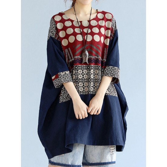 Loose Printed Stitching Batwing Sleeve Mini Dress for Women