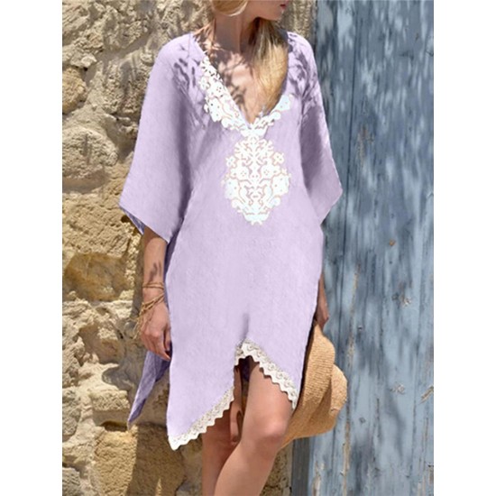 Plus Size Boho Printed Batwing Sleeve Irregular Hem Side Split Dress