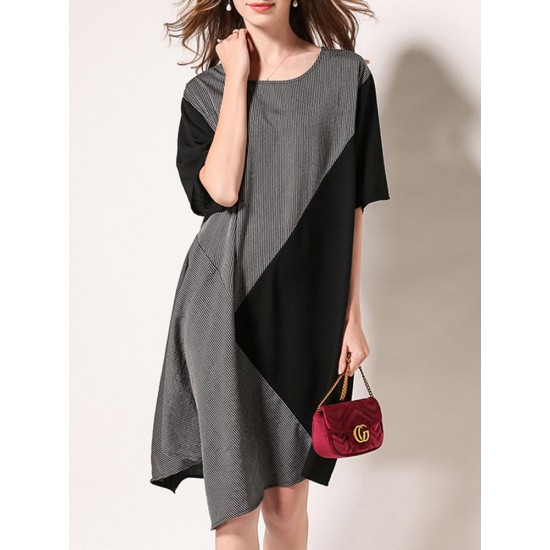 Plus Size Stripe Patchwork Short Sleeve Women Mini Dress