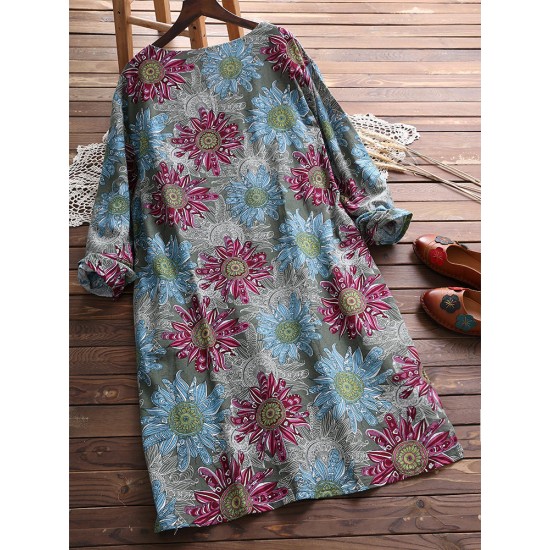 Plus Size Women Floral Print Long Sleeves Long Blouse