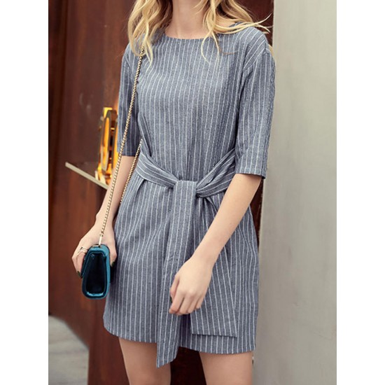 Women Casual Stripe Sashes Mini Dress