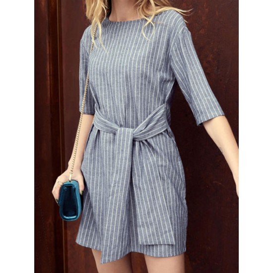 Women Casual Stripe Sashes Mini Dress