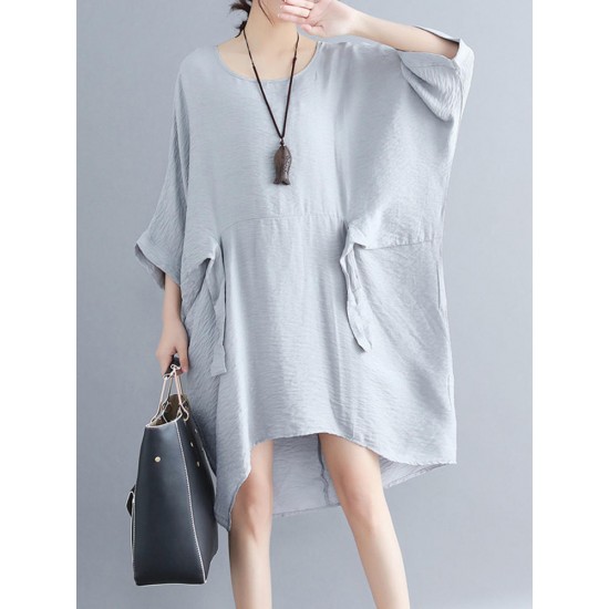 Women Fashion Batwing Sleeves Cotton Linen Mini Dress