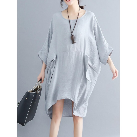 Women Fashion Batwing Sleeves Cotton Linen Mini Dress