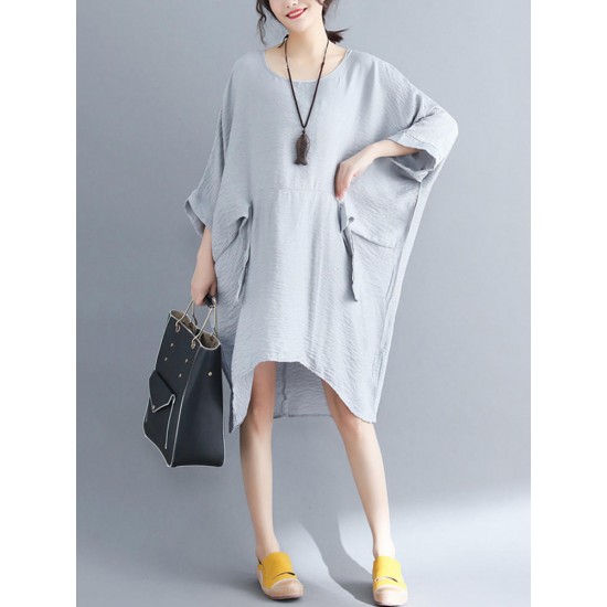 Women Fashion Batwing Sleeves Cotton Linen Mini Dress