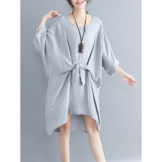 Women Fashion Batwing Sleeves Cotton Linen Mini Dress