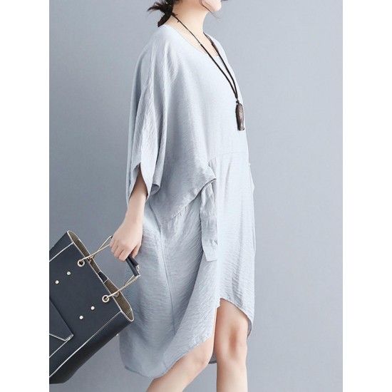 Women Fashion Batwing Sleeves Cotton Linen Mini Dress