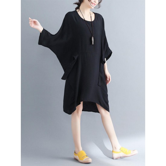 Women Fashion Batwing Sleeves Cotton Linen Mini Dress