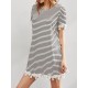 Women Loose Round Necklace Trim Striped Tee Dress