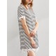 Women Loose Round Necklace Trim Striped Tee Dress