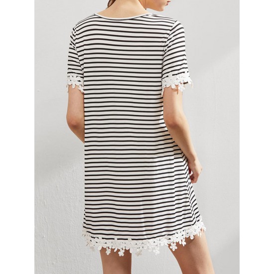 Women Loose Round Necklace Trim Striped Tee Dress