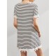 Women Loose Round Necklace Trim Striped Tee Dress