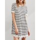 Women Loose Round Necklace Trim Striped Tee Dress