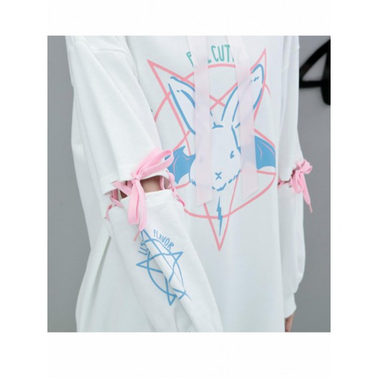 Women Removable Sleeves Hoodies Casual Cute Rabbit Print Sweatshirts