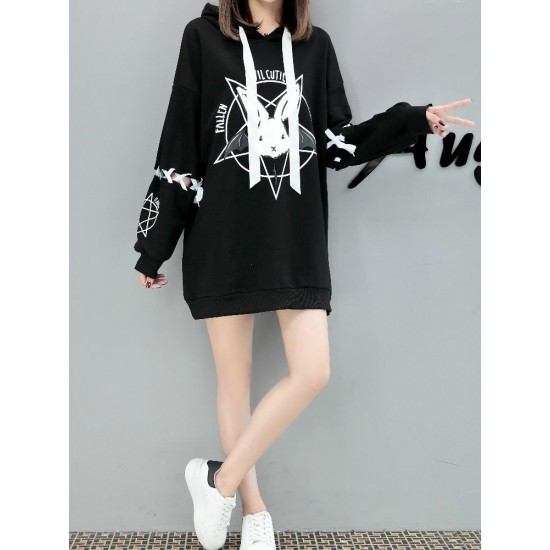 Women Removable Sleeves Hoodies Casual Cute Rabbit Print Sweatshirts