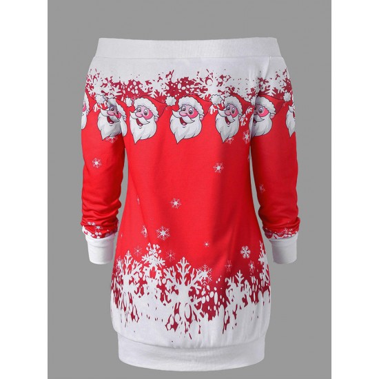 Women Santa Claus Print Casual Christmas Long Sleeve Mini Dress