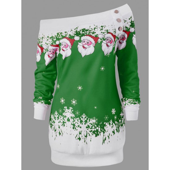 Women Santa Claus Print Casual Christmas Long Sleeve Mini Dress