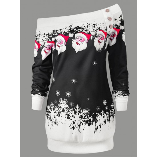 Women Santa Claus Print Casual Christmas Long Sleeve Mini Dress