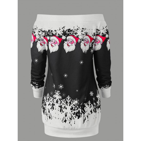 Women Santa Claus Print Casual Christmas Long Sleeve Mini Dress